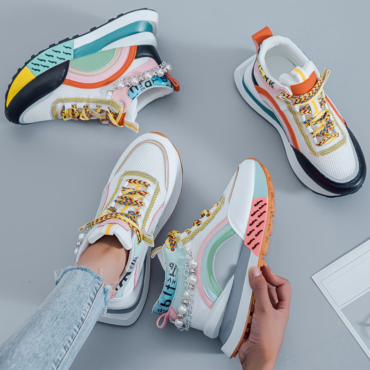 Pearl Street Style Sneakers – Bunte Chunky Plateauschuhe mit Perlen für Damen