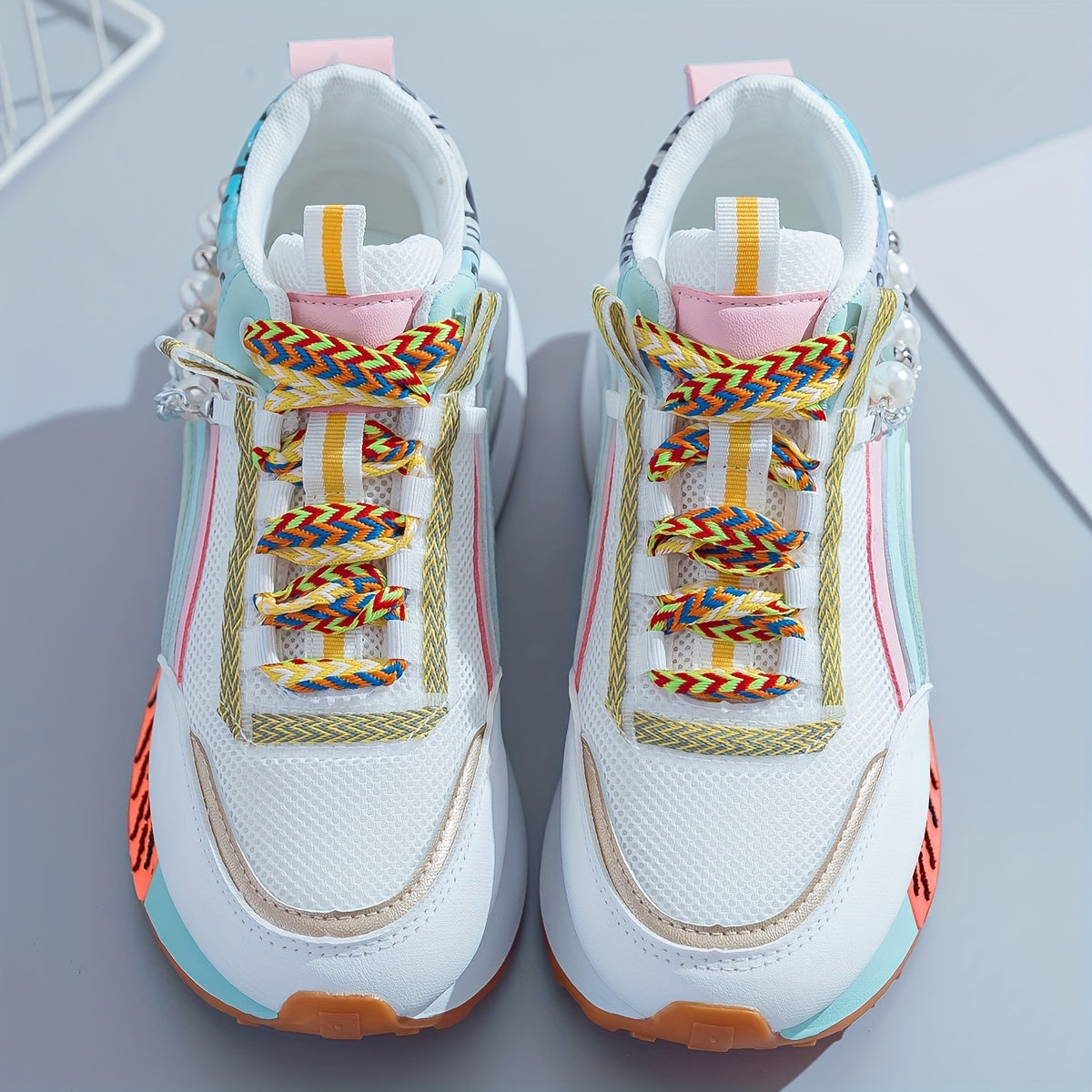 Pearl Street Style Sneakers – Women’s Colorful Chunky Platform Shoes with Pearls