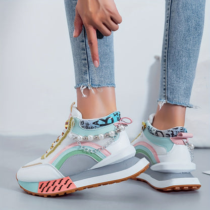 Pearl Street Style Sneakers – Women’s Colorful Chunky Platform Shoes with Pearls
