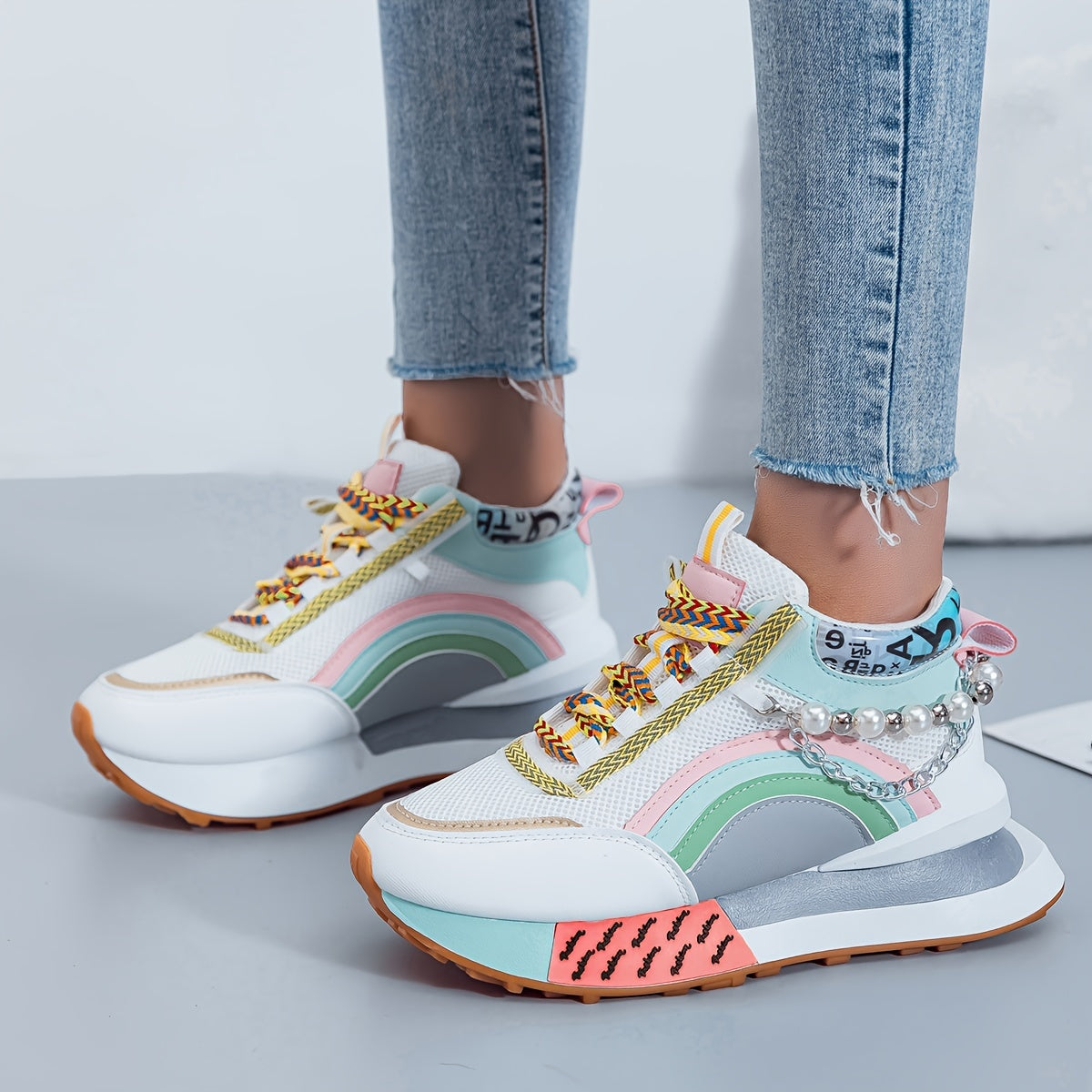 Pearl Street Style Sneakers – Women’s Colorful Chunky Platform Shoes with Pearls